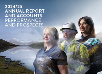 Annual Report: Performance and Prospects 2024/25 Annual Report front cove with title, three Scottish Water employees against a reservoir and mountain background