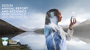 Annual Report and Accounts Performance and Prospects 2023/24 Scottish Water specialist graduate Patricia Lopes holds up glass of water against scenic mountain background