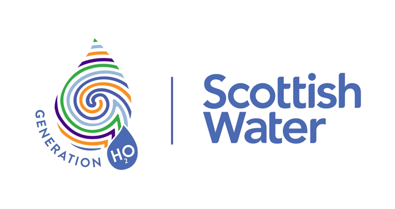 graphic of a a multicoloured water droplet with words Generation H20 and the Scottish Water logo
