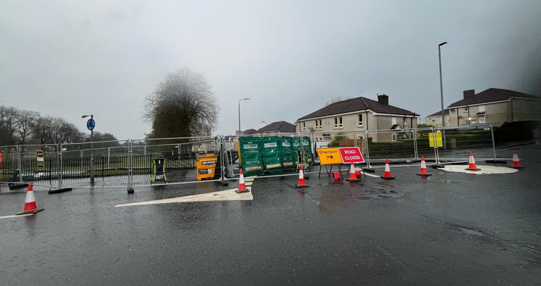 Traffic management has been set up to allow the damaged sewer to be bypassed Bore Road Airdrie Sewer Repair
