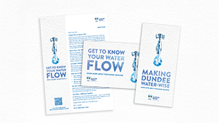 Dundee Domestic Smart Monitor Trial  Graphic with Get to Know Your Water postcards and leaflets promoting Dundee Domestic Smart Monitor Trial