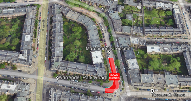 A map showing the location of the road closure on Warrender Park Road A map showing the location of the road closure on Warrender Park Road