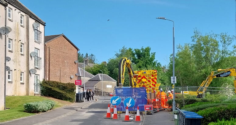 Two-way traffic lights are in operation Stewarton High Street Bridgend Overflow Upgrade