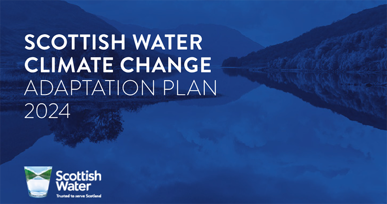 Image shows scottish water logo with  Scottish Water Climate Change Adaptation Plan 2024 text