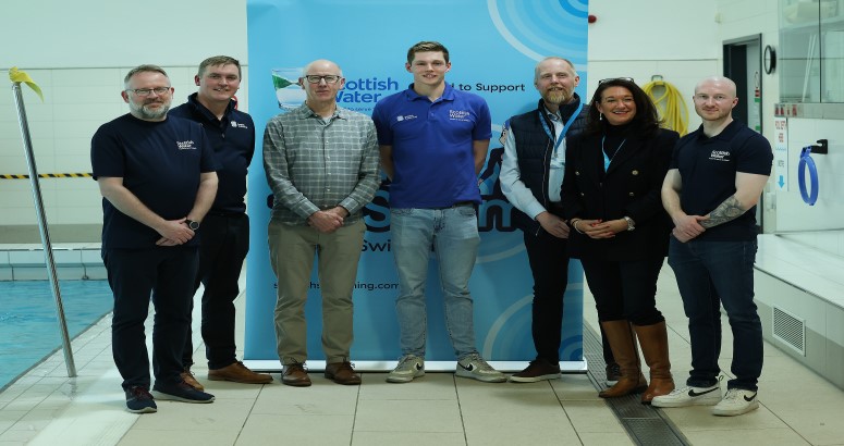 Representatives from Scottish Water, Scottish Swimming, Fife Sport and Leisure Trust and Learn to Swim ambassador Duncan Scott all pictured at pool side.
