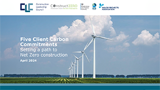 line of wind turbines in a green field with blue sky and Construction Industry Council logo banner