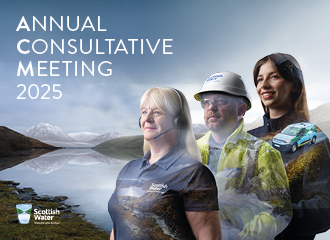 opaque image of three Scottish Water employees against a reservoir and mountain backdrop with a Scottish Water logo