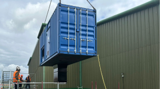 The new turbine kiosk being manoeuvred into place at Carron Valley Water Treatment Works 